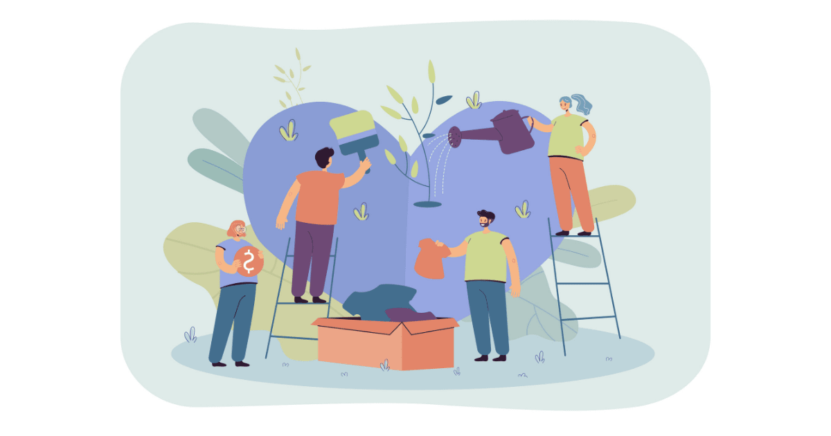 An illustrated graphic of people volunteering and helping out